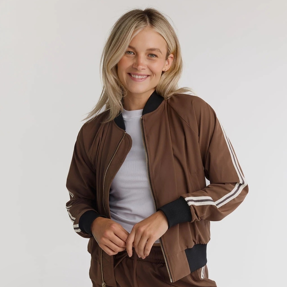 Albion Brown Bomber Jacket with White Stripe Sleeve Detail